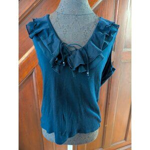 Chaps Navy Blue Ruffle V-Neck Sleeveless Top With Tie Detail Womens Size L